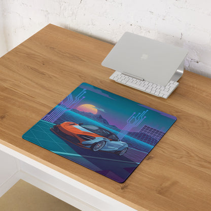 McLaren 720S Inspired Widebody Orange Blue Vaporwave Gaming Mouse Pad – Neon Cyber Grid Desk Mat, Retro Futuristic Supercar Digital Artwork