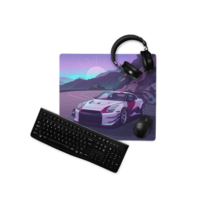 Nissan GT-R R35 Inspired Silver Purple Vaporwave Gaming Mouse Pad – Neon Mountain Road Desk Mat, Retro Futuristic JDM Supercar Digital Artwork