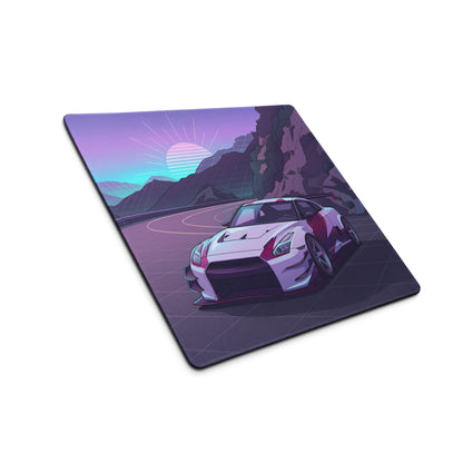 Nissan GT-R R35 Inspired Silver Purple Vaporwave Gaming Mouse Pad – Neon Mountain Road Desk Mat, Retro Futuristic JDM Supercar Digital Artwork