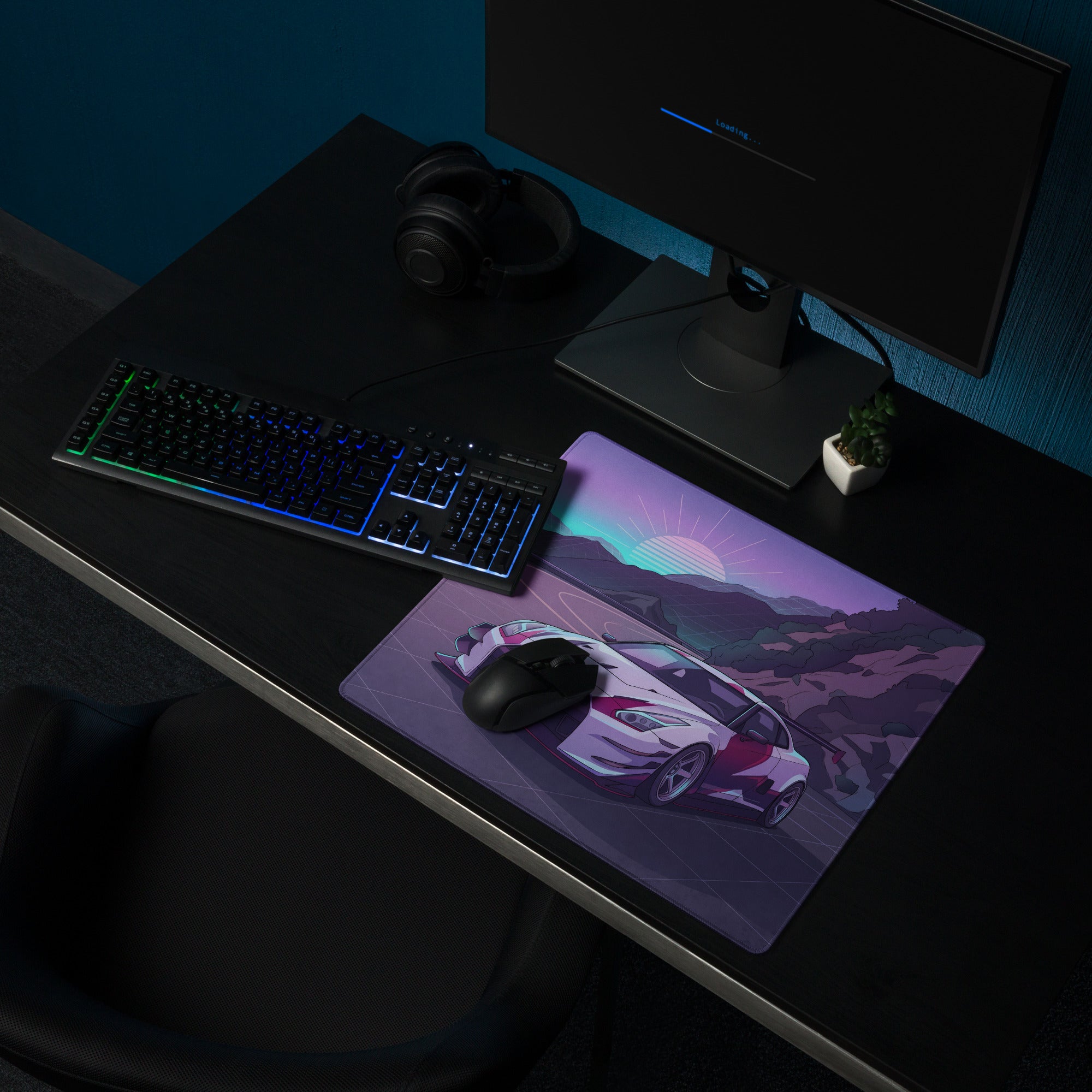 Nissan GT-R R35 Inspired Silver Purple Vaporwave Gaming Mouse Pad – Neon Mountain Road Desk Mat, Retro Futuristic JDM Supercar Digital Artwork