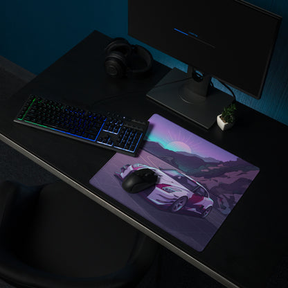 Nissan GT-R R35 Inspired Silver Purple Vaporwave Gaming Mouse Pad – Neon Mountain Road Desk Mat, Retro Futuristic JDM Supercar Digital Artwork