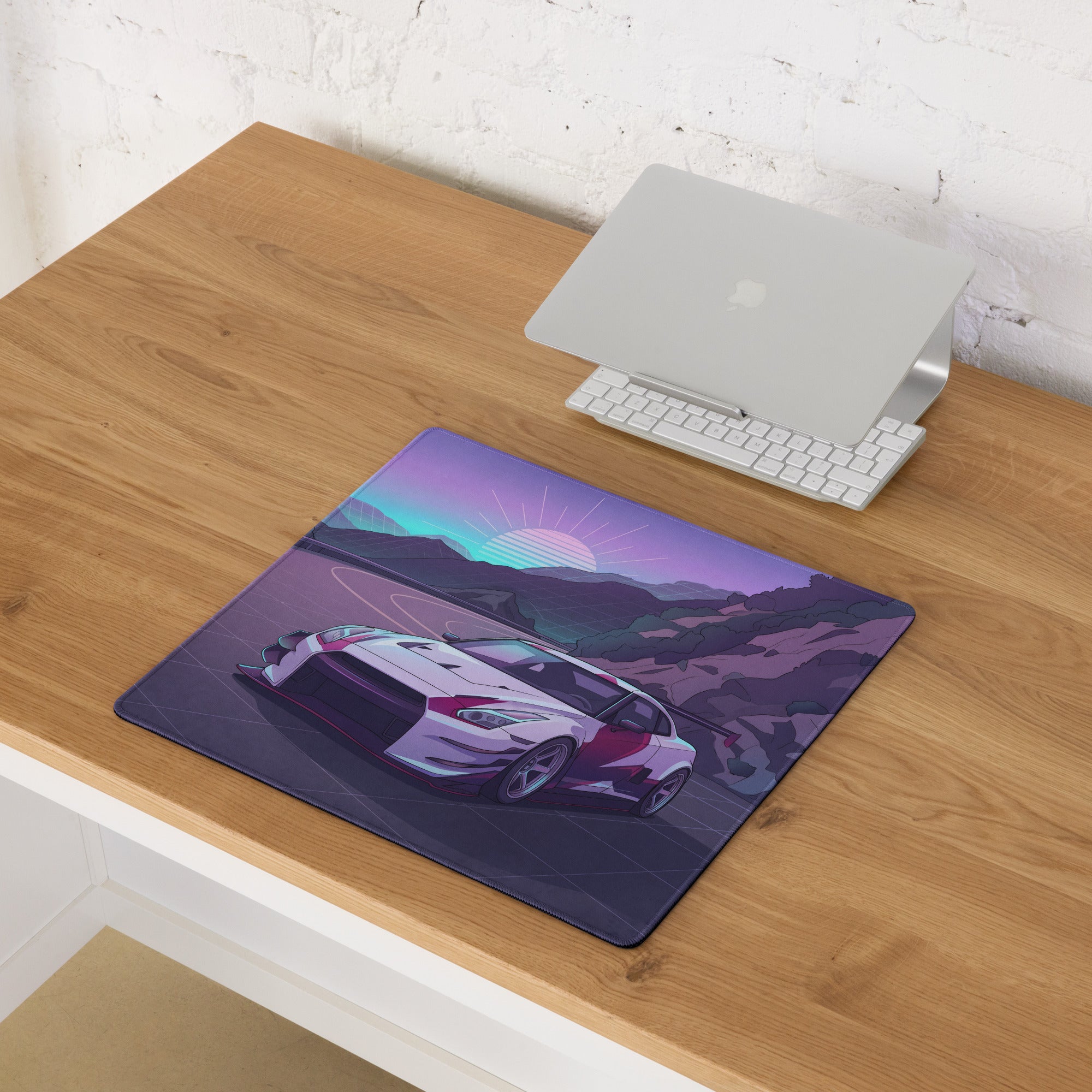 Nissan GT-R R35 Inspired Silver Purple Vaporwave Gaming Mouse Pad – Neon Mountain Road Desk Mat, Retro Futuristic JDM Supercar Digital Artwork