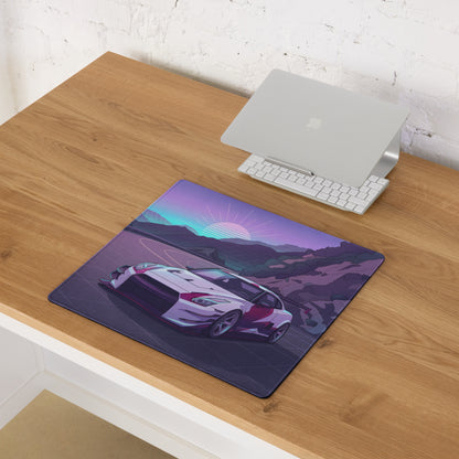 Nissan GT-R R35 Inspired Silver Purple Vaporwave Gaming Mouse Pad – Neon Mountain Road Desk Mat, Retro Futuristic JDM Supercar Digital Artwork