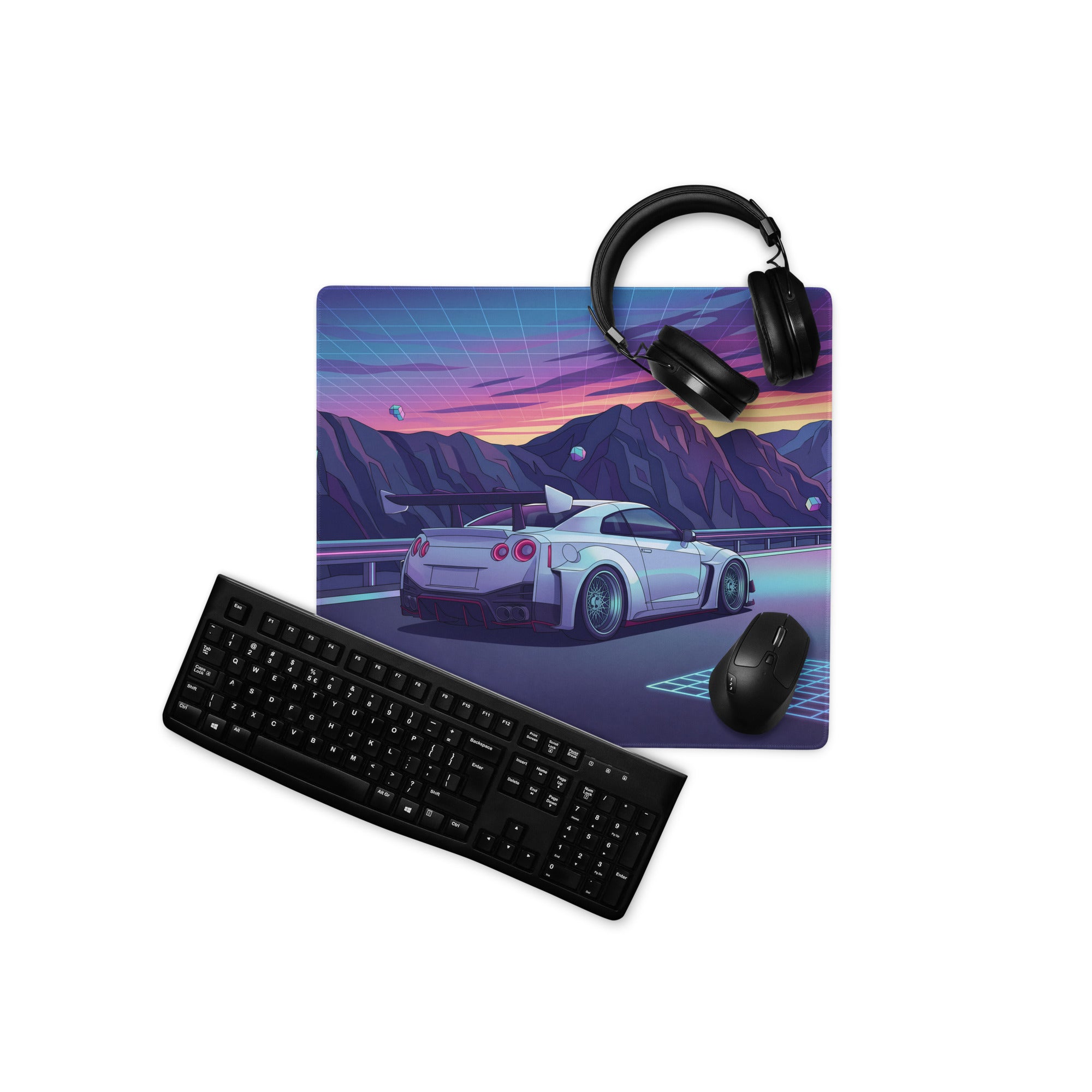 Nissan GT-R R35 Inspired Silver Purple Vaporwave Gaming Mouse Pad – Neon Mountain Road Desk Mat, Retro Futuristic JDM Supercar Digital Artwork