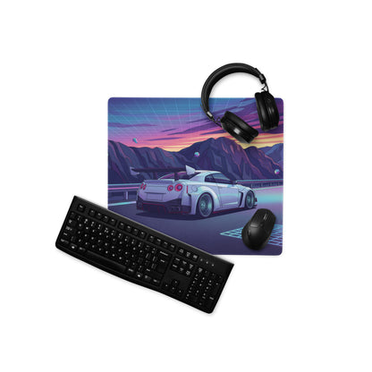 Nissan GT-R R35 Inspired Silver Purple Vaporwave Gaming Mouse Pad – Neon Mountain Road Desk Mat, Retro Futuristic JDM Supercar Digital Artwork