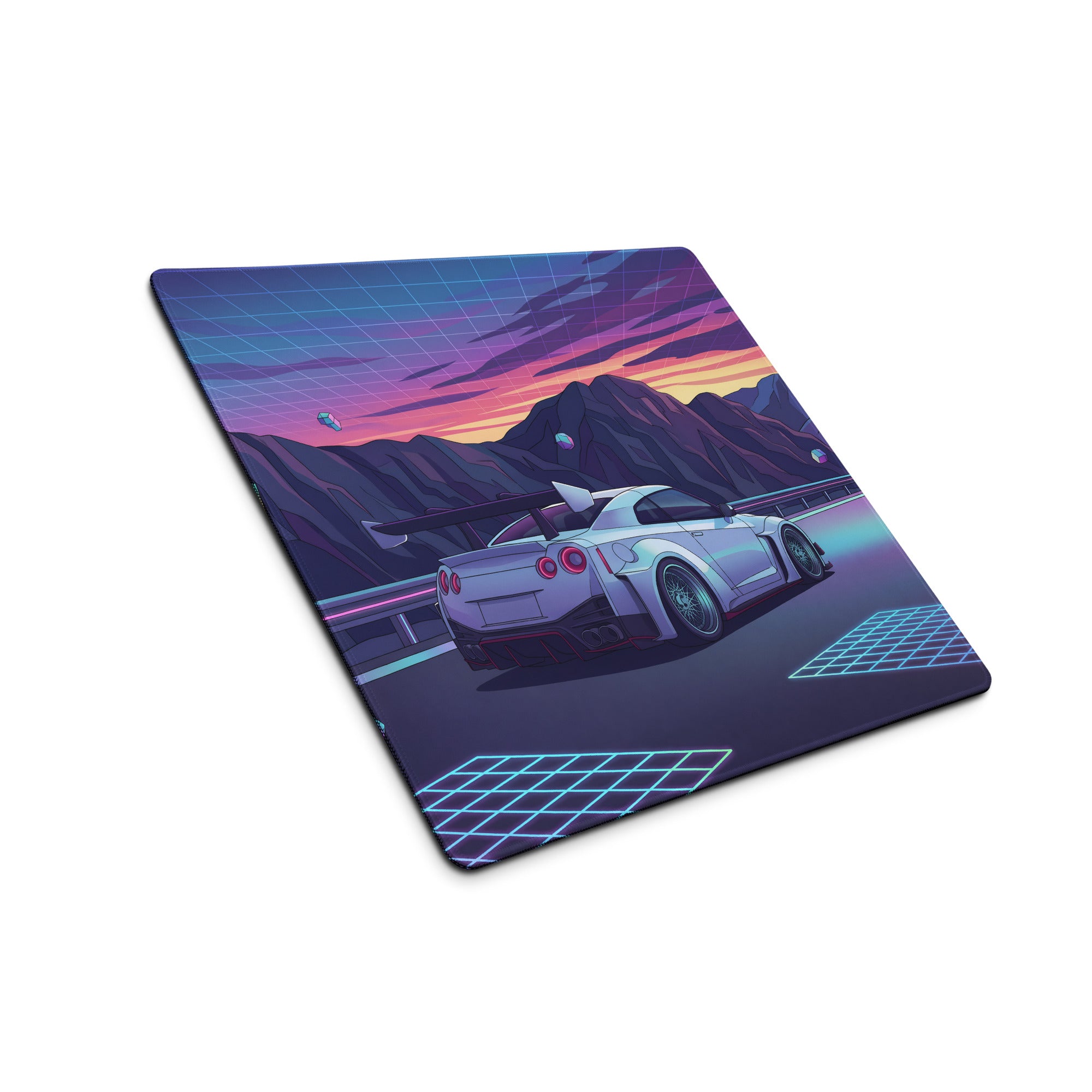 Nissan GT-R R35 Inspired Silver Purple Vaporwave Gaming Mouse Pad – Neon Mountain Road Desk Mat, Retro Futuristic JDM Supercar Digital Artwork