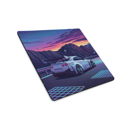 Nissan GT-R R35 Inspired Silver Purple Vaporwave Gaming Mouse Pad – Neon Mountain Road Desk Mat, Retro Futuristic JDM Supercar Digital Artwork