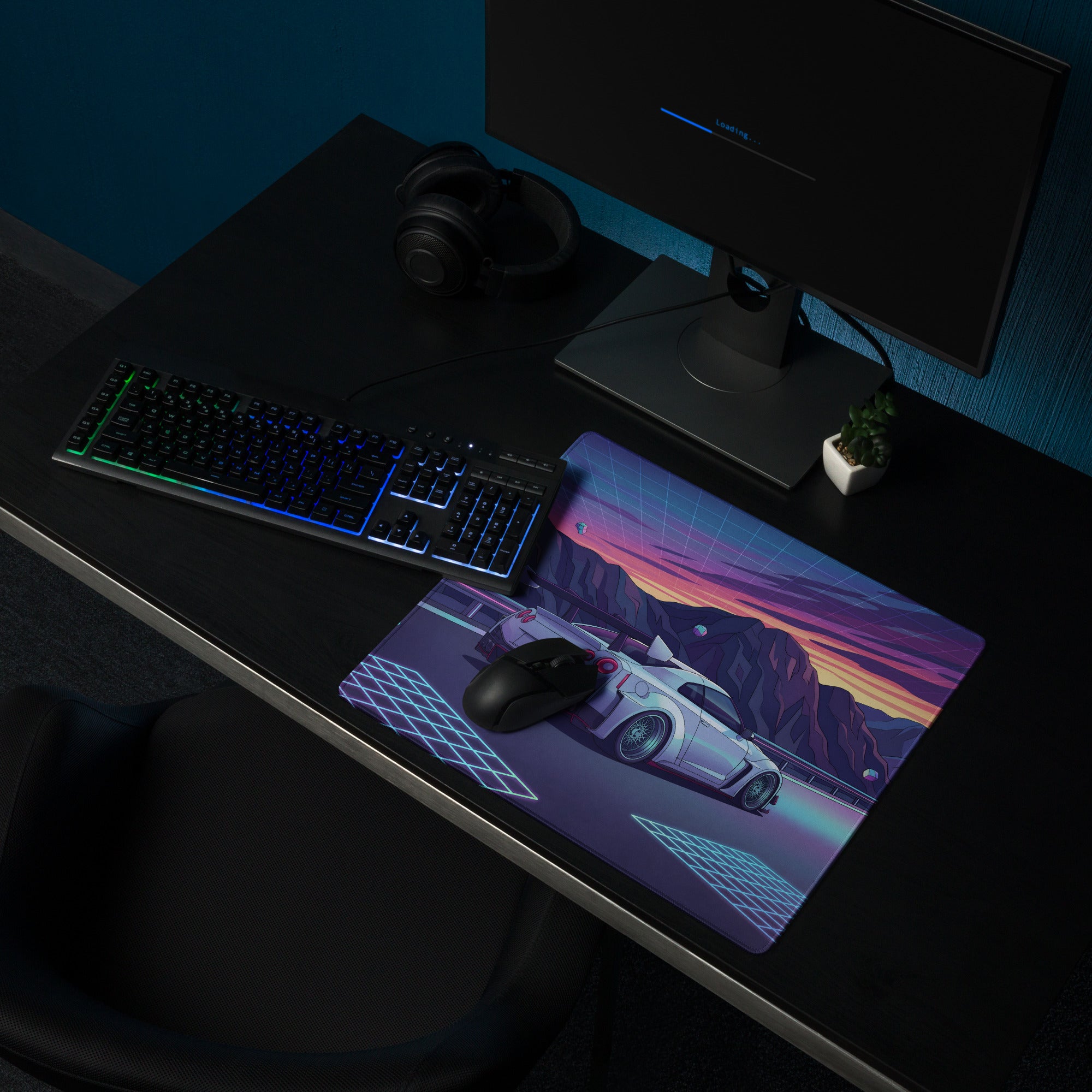 Nissan GT-R R35 Inspired Silver Purple Vaporwave Gaming Mouse Pad – Neon Mountain Road Desk Mat, Retro Futuristic JDM Supercar Digital Artwork