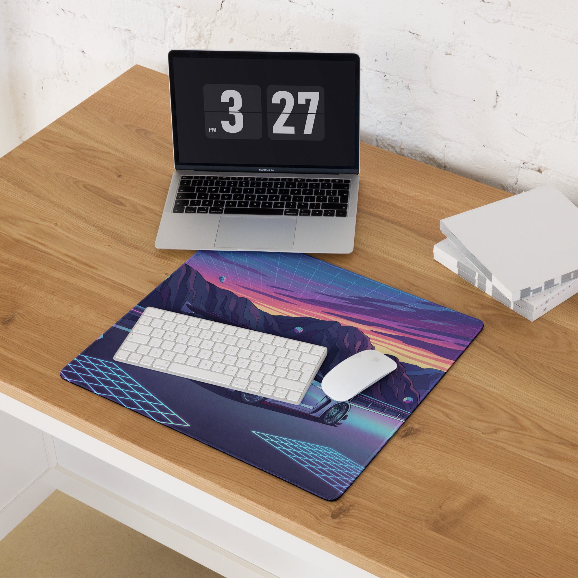 Nissan GT-R R35 Inspired Silver Purple Vaporwave Gaming Mouse Pad – Neon Mountain Road Desk Mat, Retro Futuristic JDM Supercar Digital Artwork