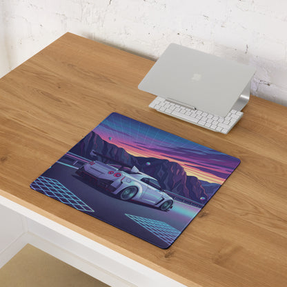 Nissan GT-R R35 Inspired Silver Purple Vaporwave Gaming Mouse Pad – Neon Mountain Road Desk Mat, Retro Futuristic JDM Supercar Digital Artwork