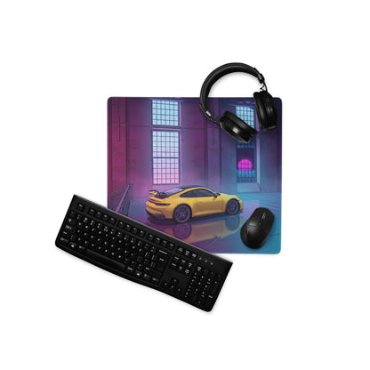 Porsche 911 GT3 Inspired Yellow Pink Vaporwave Gaming Mouse Pad – Neon Industrial Loft Desk Mat, Retro Futuristic Supercar Digital Artwork
