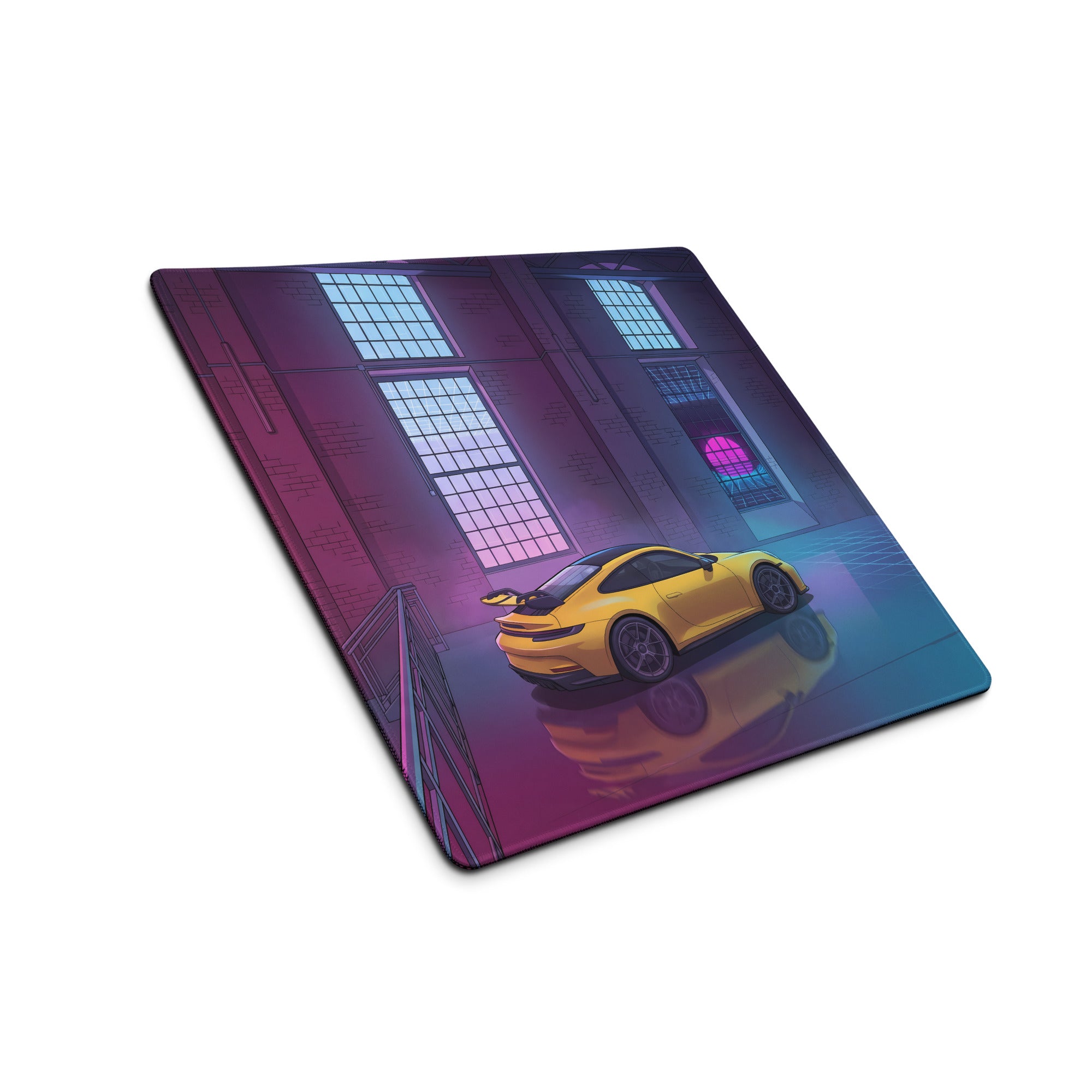 Porsche 911 GT3 Inspired Yellow Pink Vaporwave Gaming Mouse Pad – Neon Industrial Loft Desk Mat, Retro Futuristic Supercar Digital Artwork
