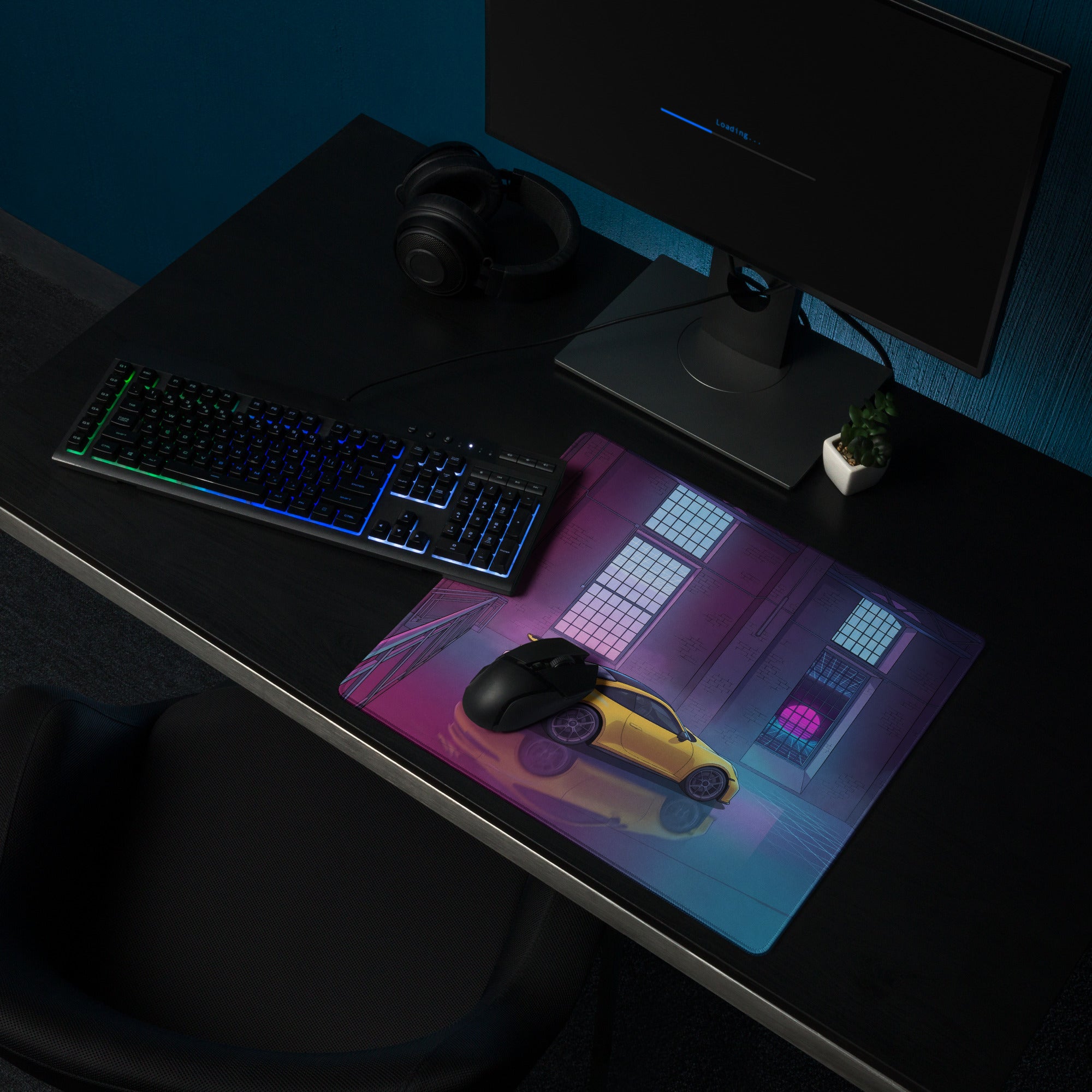 Porsche 911 GT3 Inspired Yellow Pink Vaporwave Gaming Mouse Pad – Neon Industrial Loft Desk Mat, Retro Futuristic Supercar Digital Artwork
