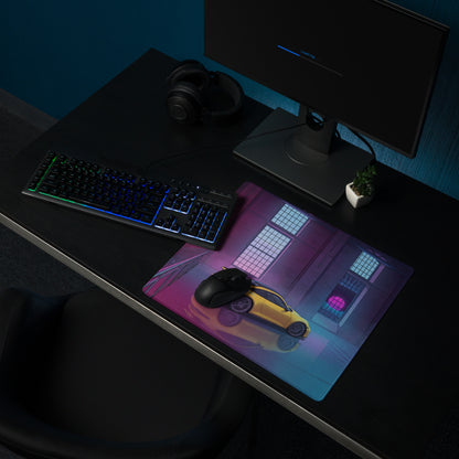 Porsche 911 GT3 Inspired Yellow Pink Vaporwave Gaming Mouse Pad – Neon Industrial Loft Desk Mat, Retro Futuristic Supercar Digital Artwork