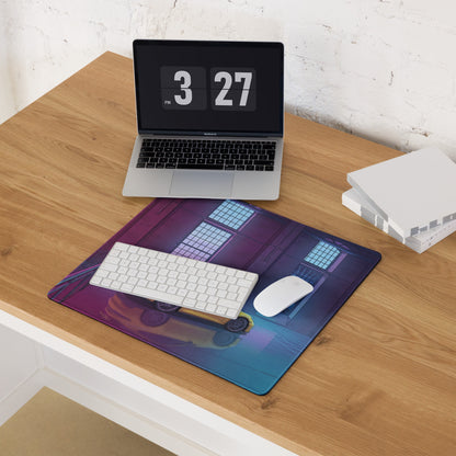 Porsche 911 GT3 Inspired Yellow Pink Vaporwave Gaming Mouse Pad – Neon Industrial Loft Desk Mat, Retro Futuristic Supercar Digital Artwork