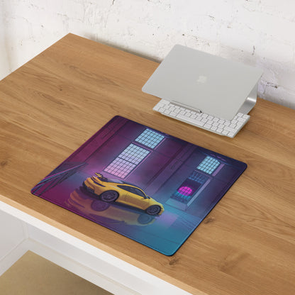 Porsche 911 GT3 Inspired Yellow Pink Vaporwave Gaming Mouse Pad – Neon Industrial Loft Desk Mat, Retro Futuristic Supercar Digital Artwork