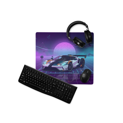 Ford GT Inspired White Orange Vaporwave Gaming Mouse Pad – Neon Cyber Grid Desk Mat, Retro Futuristic American Supercar Digital Artwork