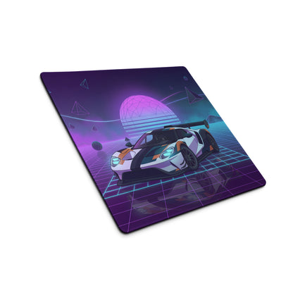 Ford GT Inspired White Orange Vaporwave Gaming Mouse Pad – Neon Cyber Grid Desk Mat, Retro Futuristic American Supercar Digital Artwork