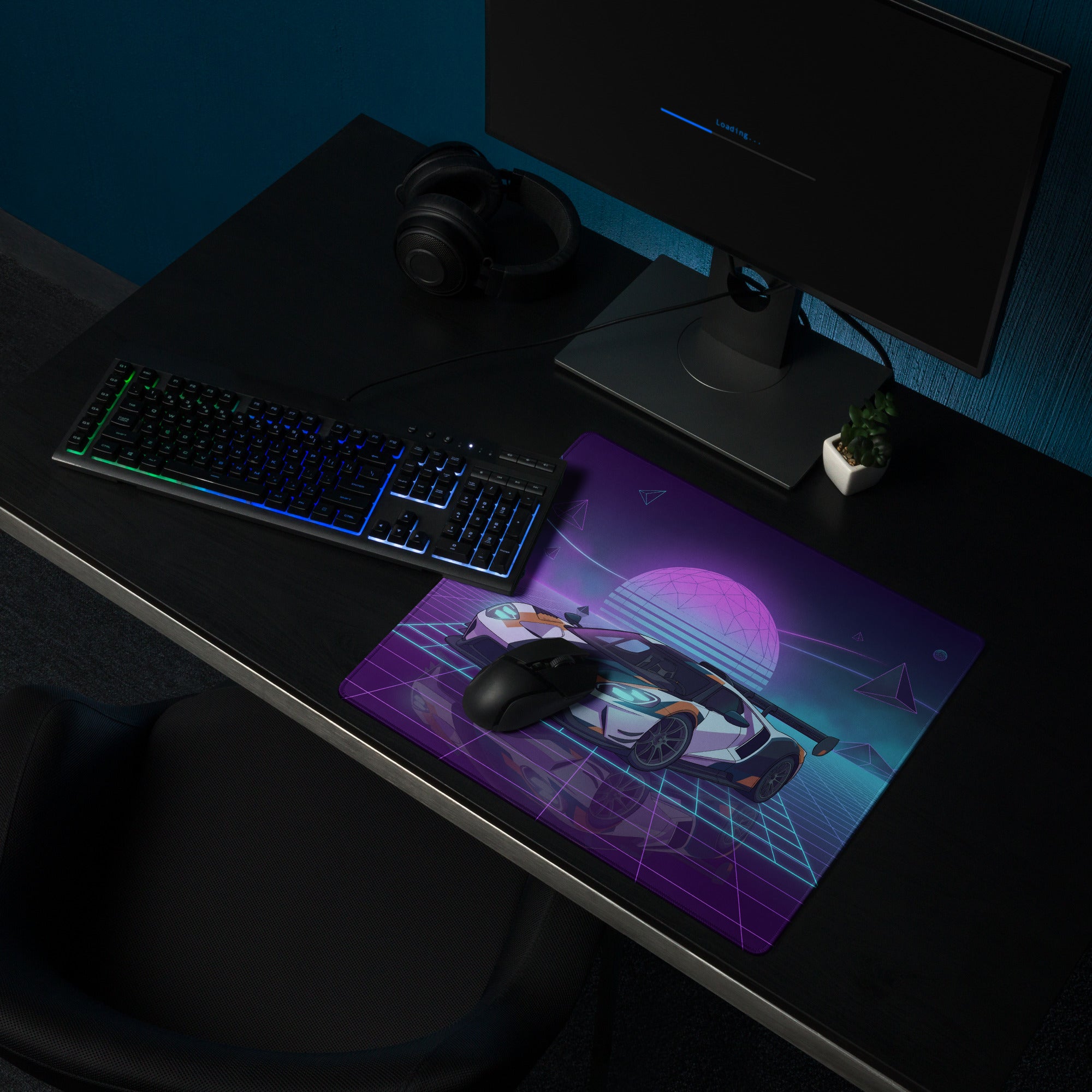 Ford GT Inspired White Orange Vaporwave Gaming Mouse Pad – Neon Cyber Grid Desk Mat, Retro Futuristic American Supercar Digital Artwork
