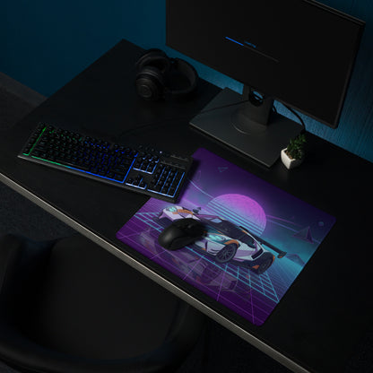 Ford GT Inspired White Orange Vaporwave Gaming Mouse Pad – Neon Cyber Grid Desk Mat, Retro Futuristic American Supercar Digital Artwork