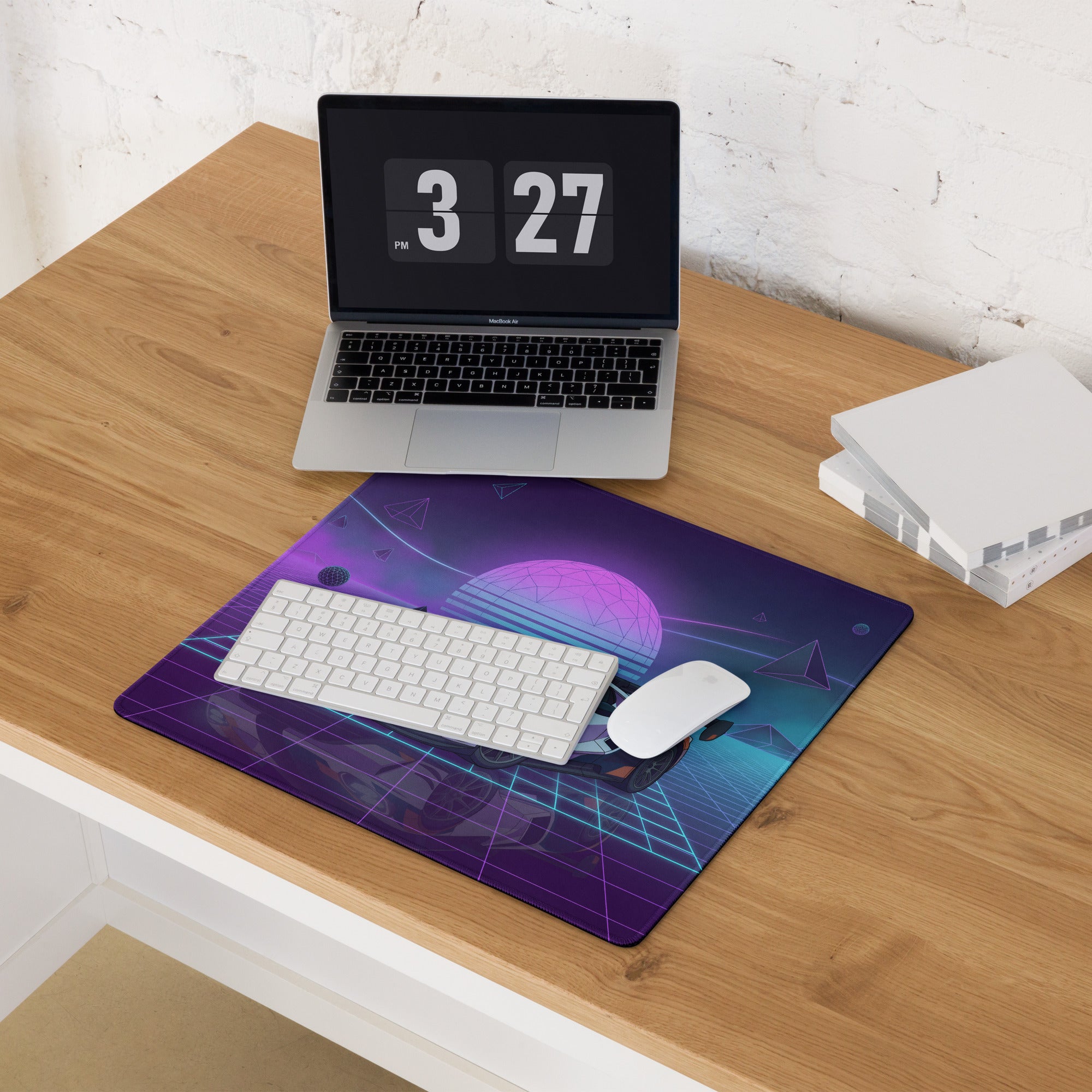 Ford GT Inspired White Orange Vaporwave Gaming Mouse Pad – Neon Cyber Grid Desk Mat, Retro Futuristic American Supercar Digital Artwork