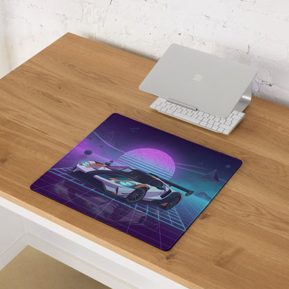 Ford GT Inspired White Orange Vaporwave Gaming Mouse Pad – Neon Cyber Grid Desk Mat, Retro Futuristic American Supercar Digital Artwork
