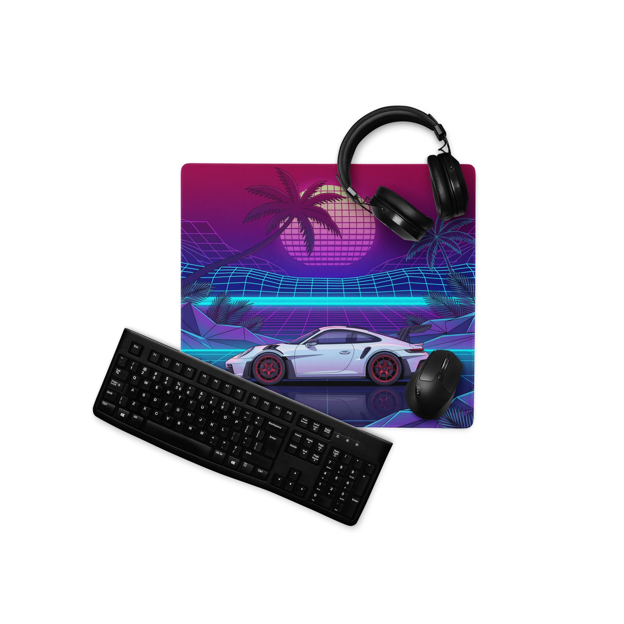 Porsche 911 GT3 RS Inspired White Pink Vaporwave Gaming Mouse Pad – Neon Tropical Grid Desk Mat, Retro Futuristic Supercar Digital Artwork
