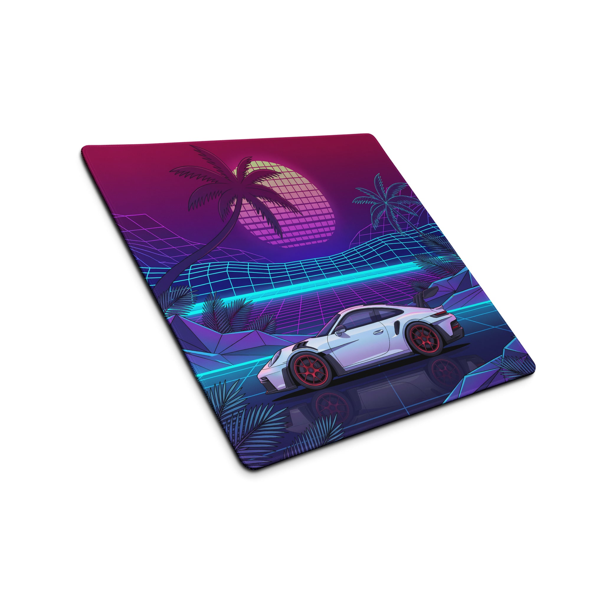 Porsche 911 GT3 RS Inspired White Pink Vaporwave Gaming Mouse Pad – Neon Tropical Grid Desk Mat, Retro Futuristic Supercar Digital Artwork