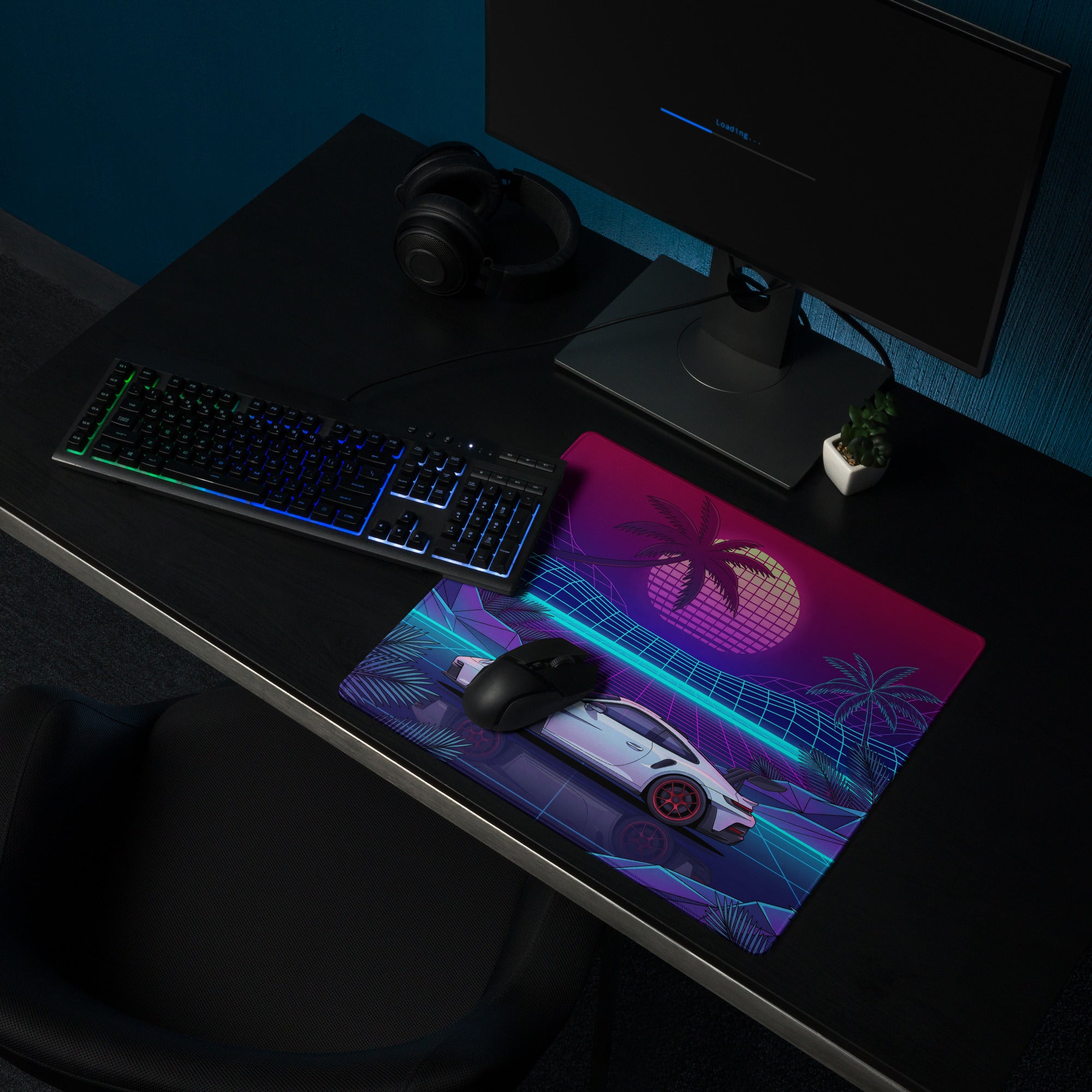 Porsche 911 GT3 RS Inspired White Pink Vaporwave Gaming Mouse Pad – Neon Tropical Grid Desk Mat, Retro Futuristic Supercar Digital Artwork