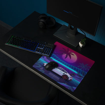 Porsche 911 GT3 RS Inspired White Pink Vaporwave Gaming Mouse Pad – Neon Tropical Grid Desk Mat, Retro Futuristic Supercar Digital Artwork