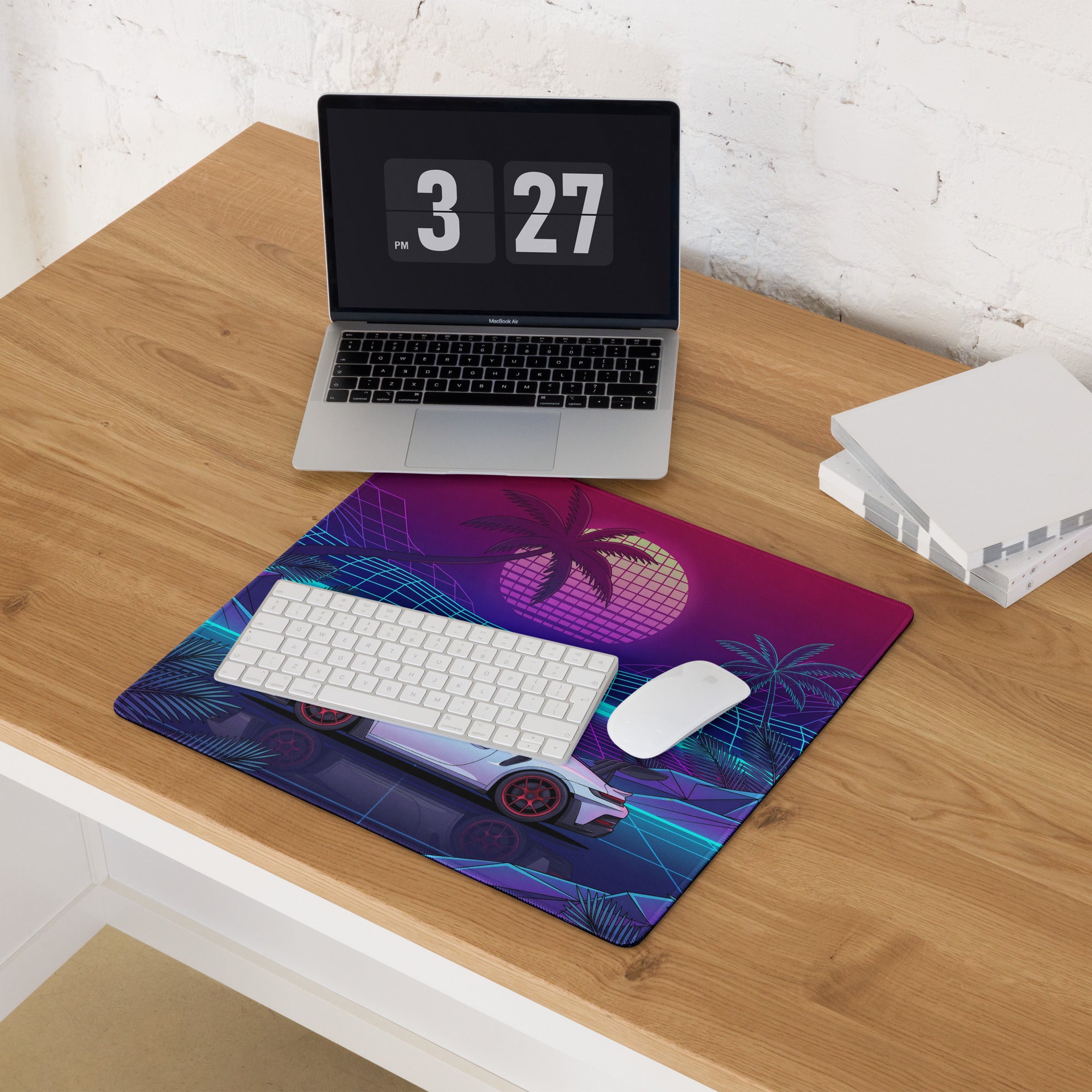 Porsche 911 GT3 RS Inspired White Pink Vaporwave Gaming Mouse Pad – Neon Tropical Grid Desk Mat, Retro Futuristic Supercar Digital Artwork