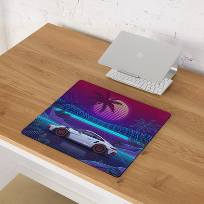 Porsche 911 GT3 RS Inspired White Pink Vaporwave Gaming Mouse Pad – Neon Tropical Grid Desk Mat, Retro Futuristic Supercar Digital Artwork
