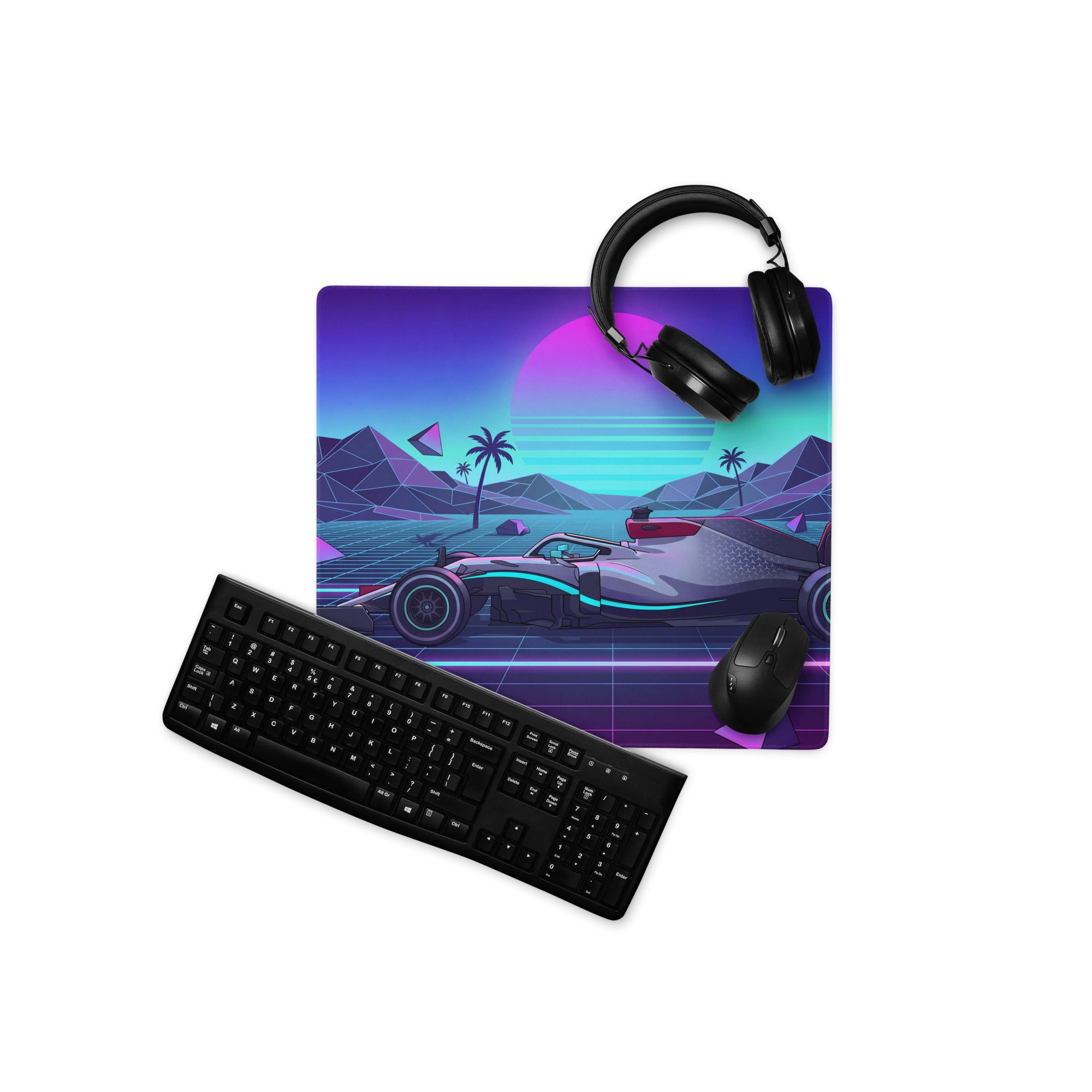 Mercedes-AMG F1 W14 Inspired Black Teal Vaporwave Gaming Mouse Pad – Neon Retro Grid Desk Mat, Futuristic Formula Racing Digital Artwork