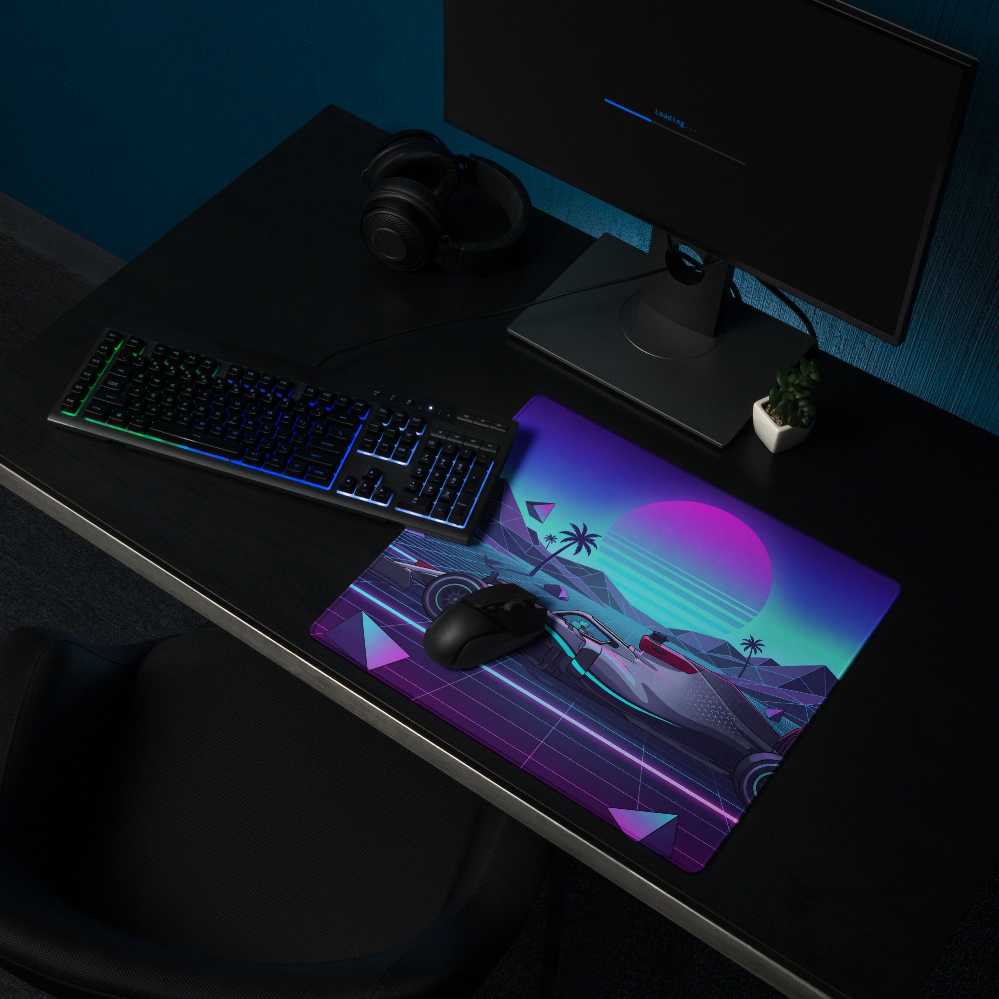 Mercedes-AMG F1 W14 Inspired Black Teal Vaporwave Gaming Mouse Pad – Neon Retro Grid Desk Mat, Futuristic Formula Racing Digital Artwork