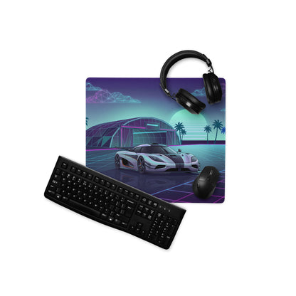 Koenigsegg One:1 Inspired Silver Cyan Vaporwave Gaming Mouse Pad – Neon Sunset Grid Desk Mat, Retro Futuristic Hypercar Digital Artwork