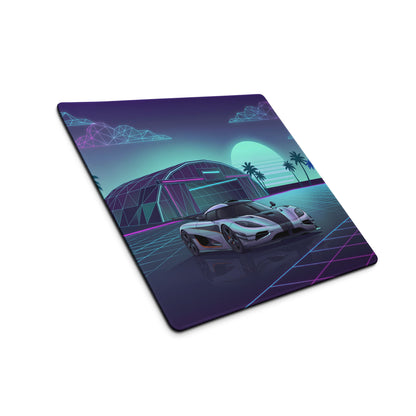 Koenigsegg One:1 Inspired Silver Cyan Vaporwave Gaming Mouse Pad – Neon Sunset Grid Desk Mat, Retro Futuristic Hypercar Digital Artwork