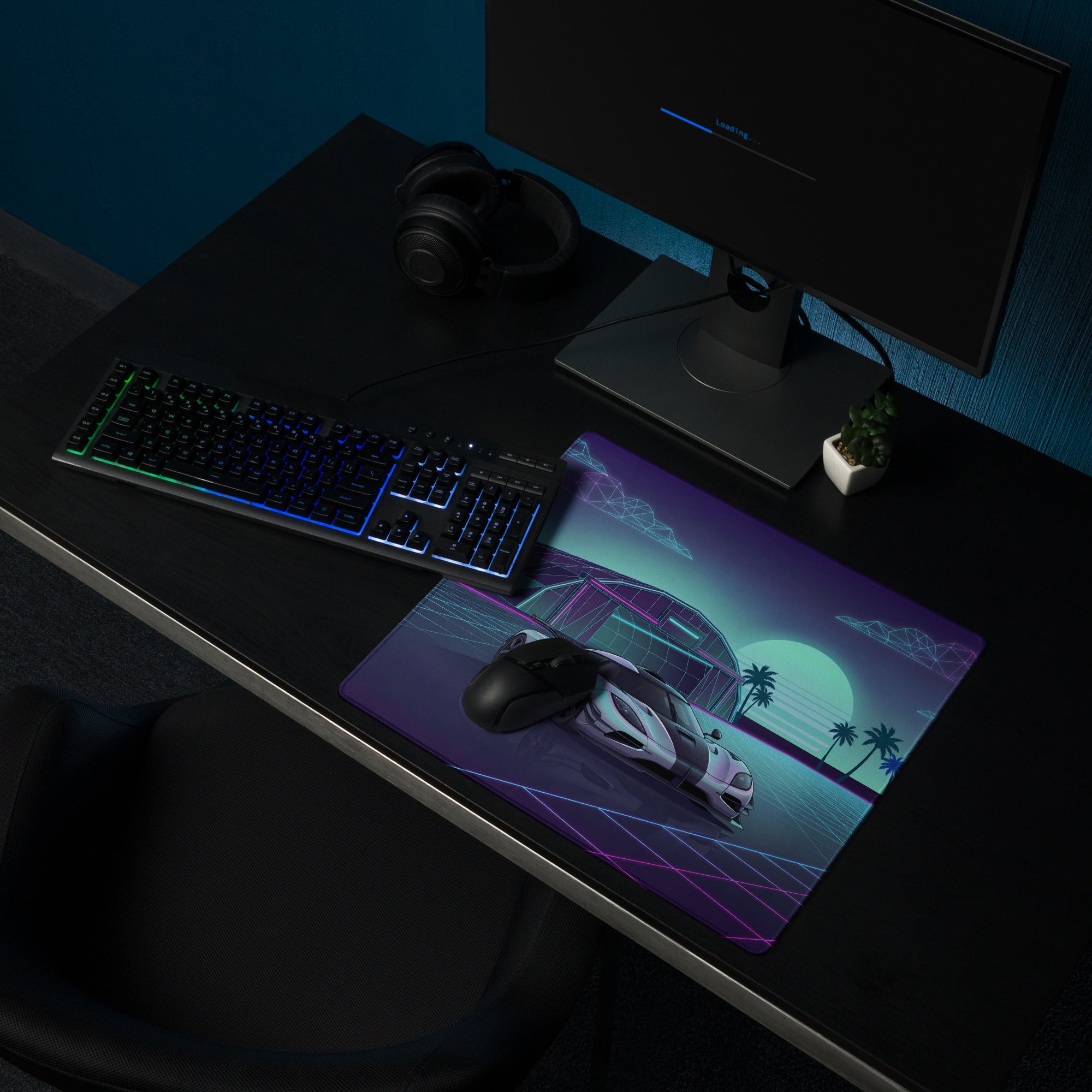 Koenigsegg One:1 Inspired Silver Cyan Vaporwave Gaming Mouse Pad – Neon Sunset Grid Desk Mat, Retro Futuristic Hypercar Digital Artwork