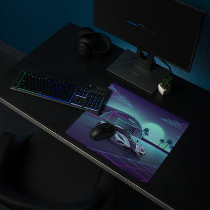 Koenigsegg One:1 Inspired Silver Cyan Vaporwave Gaming Mouse Pad – Neon Sunset Grid Desk Mat, Retro Futuristic Hypercar Digital Artwork
