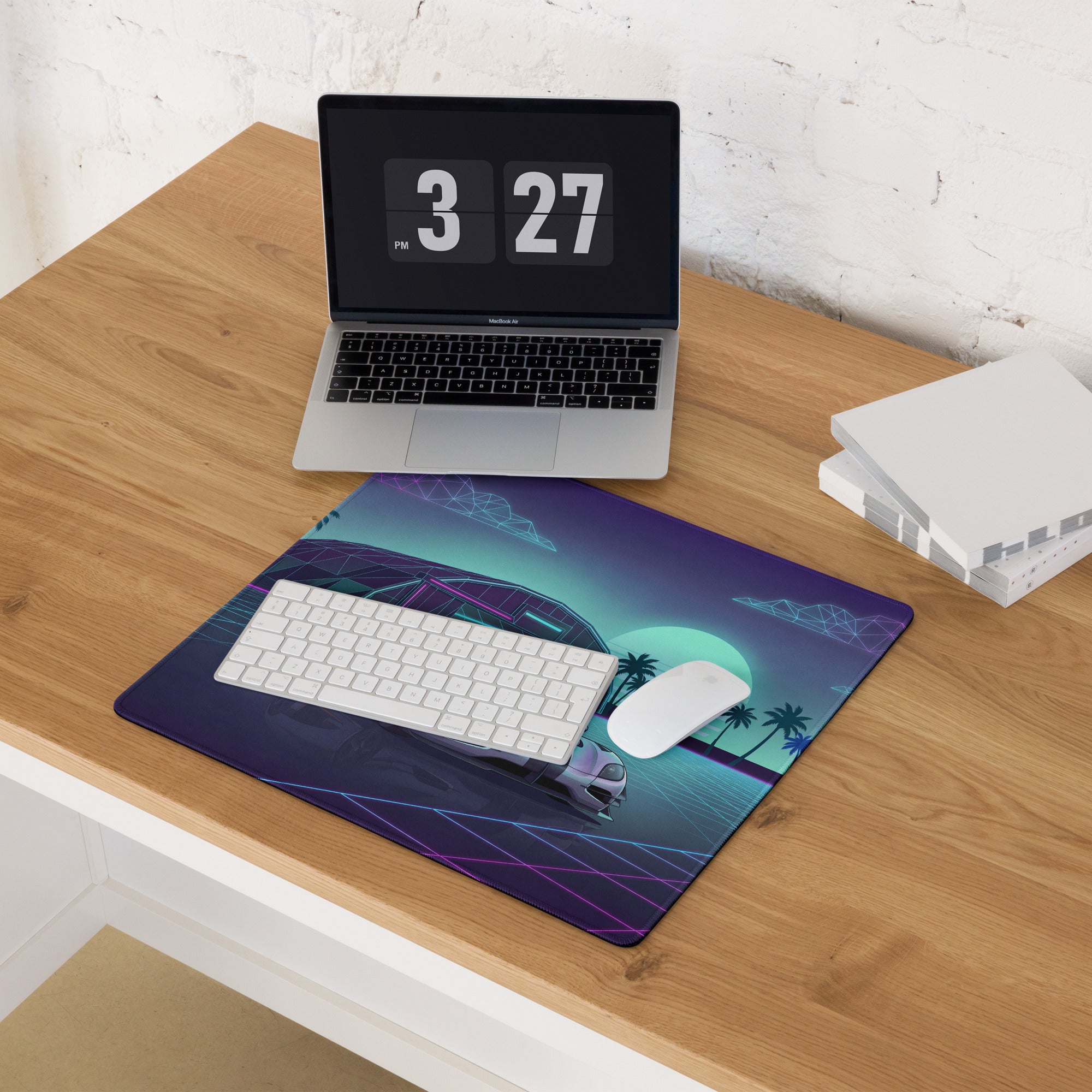 Koenigsegg One:1 Inspired Silver Cyan Vaporwave Gaming Mouse Pad – Neon Sunset Grid Desk Mat, Retro Futuristic Hypercar Digital Artwork