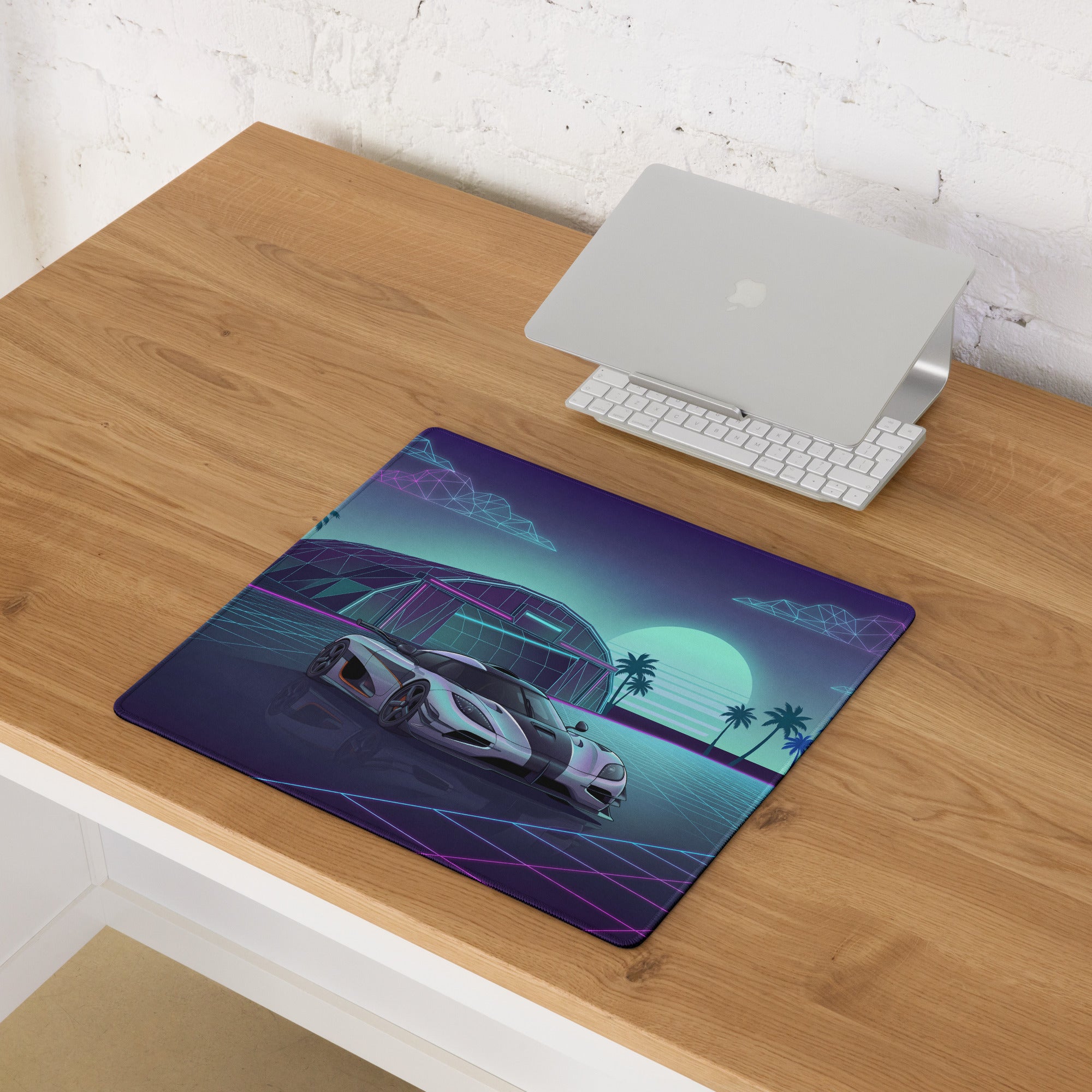 Koenigsegg One:1 Inspired Silver Cyan Vaporwave Gaming Mouse Pad – Neon Sunset Grid Desk Mat, Retro Futuristic Hypercar Digital Artwork