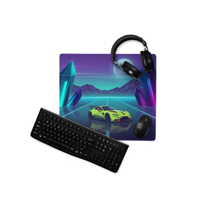 Aston Martin Vantage GT3 Inspired Lime Green Vaporwave Gaming Mouse Pad – Neon Crystal Highway Desk Mat, Retro Futuristic Racing Car Digital Art