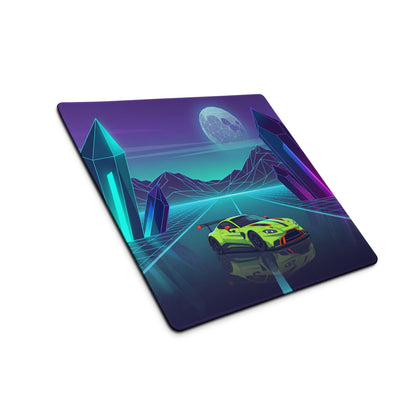 Aston Martin Vantage GT3 Inspired Lime Green Vaporwave Gaming Mouse Pad – Neon Crystal Highway Desk Mat, Retro Futuristic Racing Car Digital Art