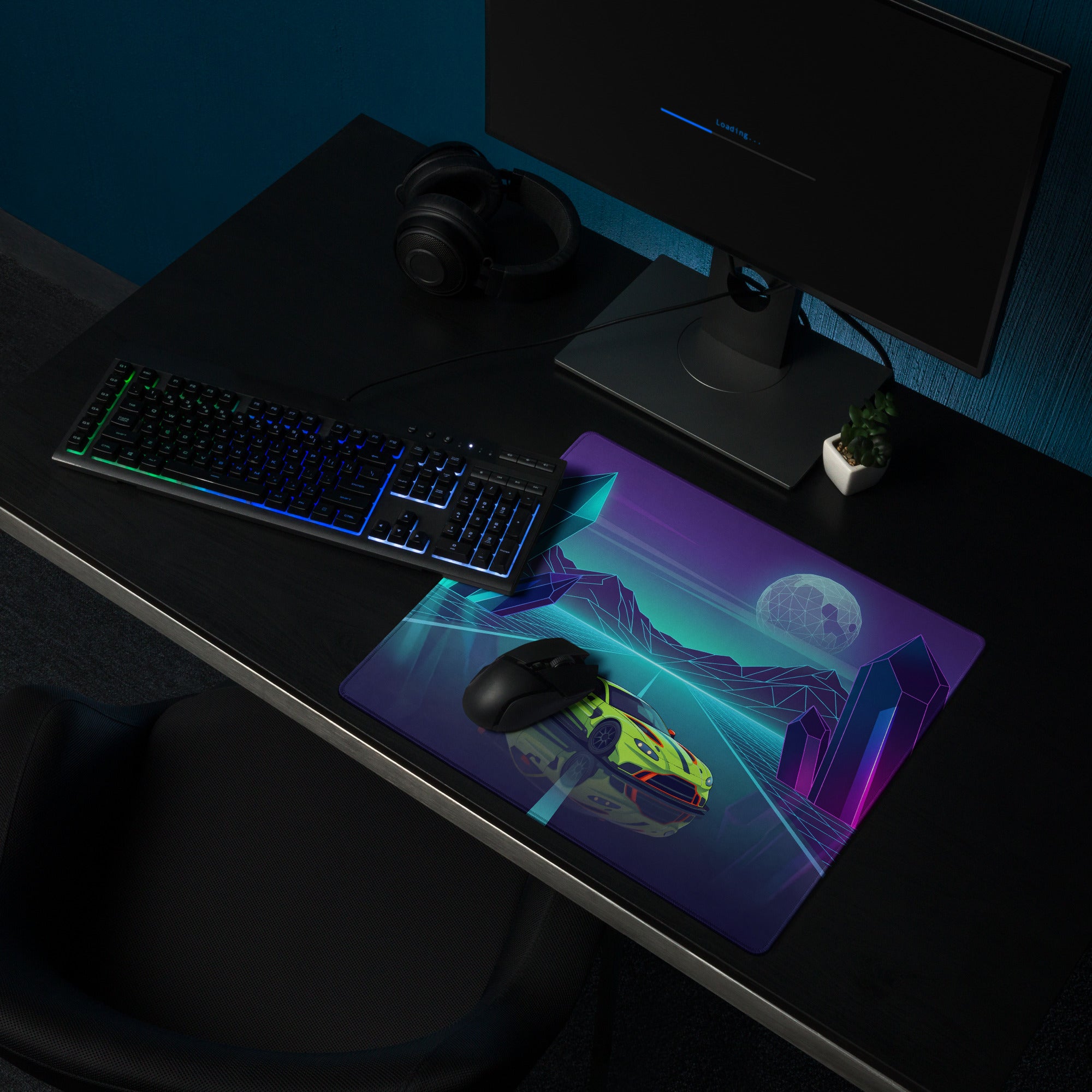 Aston Martin Vantage GT3 Inspired Lime Green Vaporwave Gaming Mouse Pad – Neon Crystal Highway Desk Mat, Retro Futuristic Racing Car Digital Art