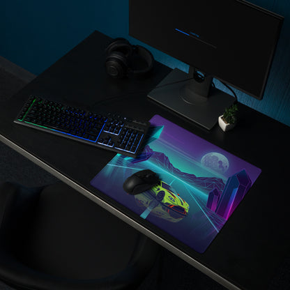 Aston Martin Vantage GT3 Inspired Lime Green Vaporwave Gaming Mouse Pad – Neon Crystal Highway Desk Mat, Retro Futuristic Racing Car Digital Art