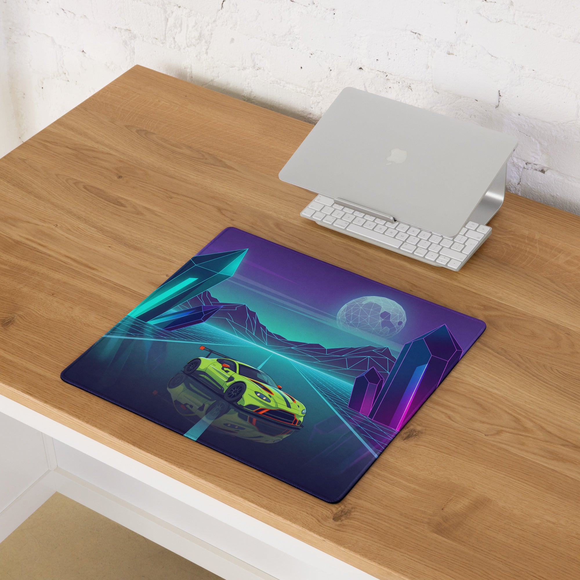 Aston Martin Vantage GT3 Inspired Lime Green Vaporwave Gaming Mouse Pad – Neon Crystal Highway Desk Mat, Retro Futuristic Racing Car Digital Art