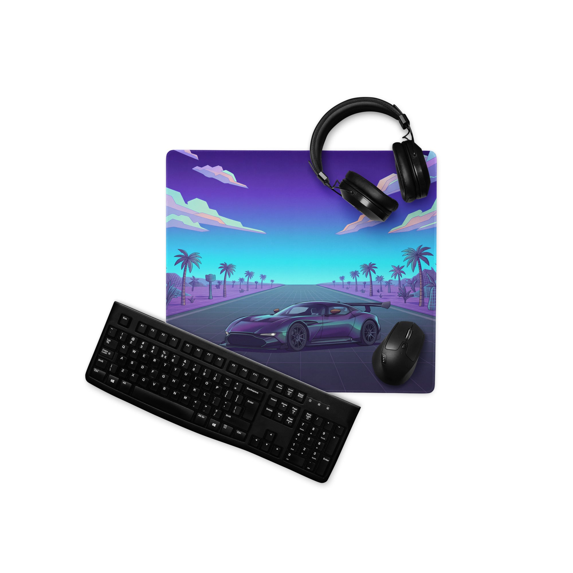 Aston Martin Vulcan Inspired Purple Cyan Vaporwave Gaming Mouse Pad – Neon Desert Highway Desk Mat, Retro Futuristic Hypercar Digital Artwork