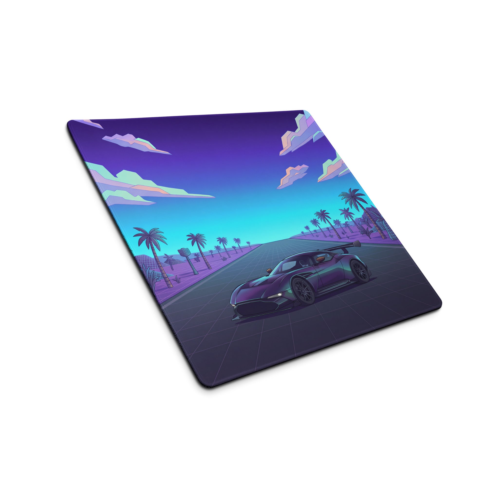 Aston Martin Vulcan Inspired Purple Cyan Vaporwave Gaming Mouse Pad – Neon Desert Highway Desk Mat, Retro Futuristic Hypercar Digital Artwork