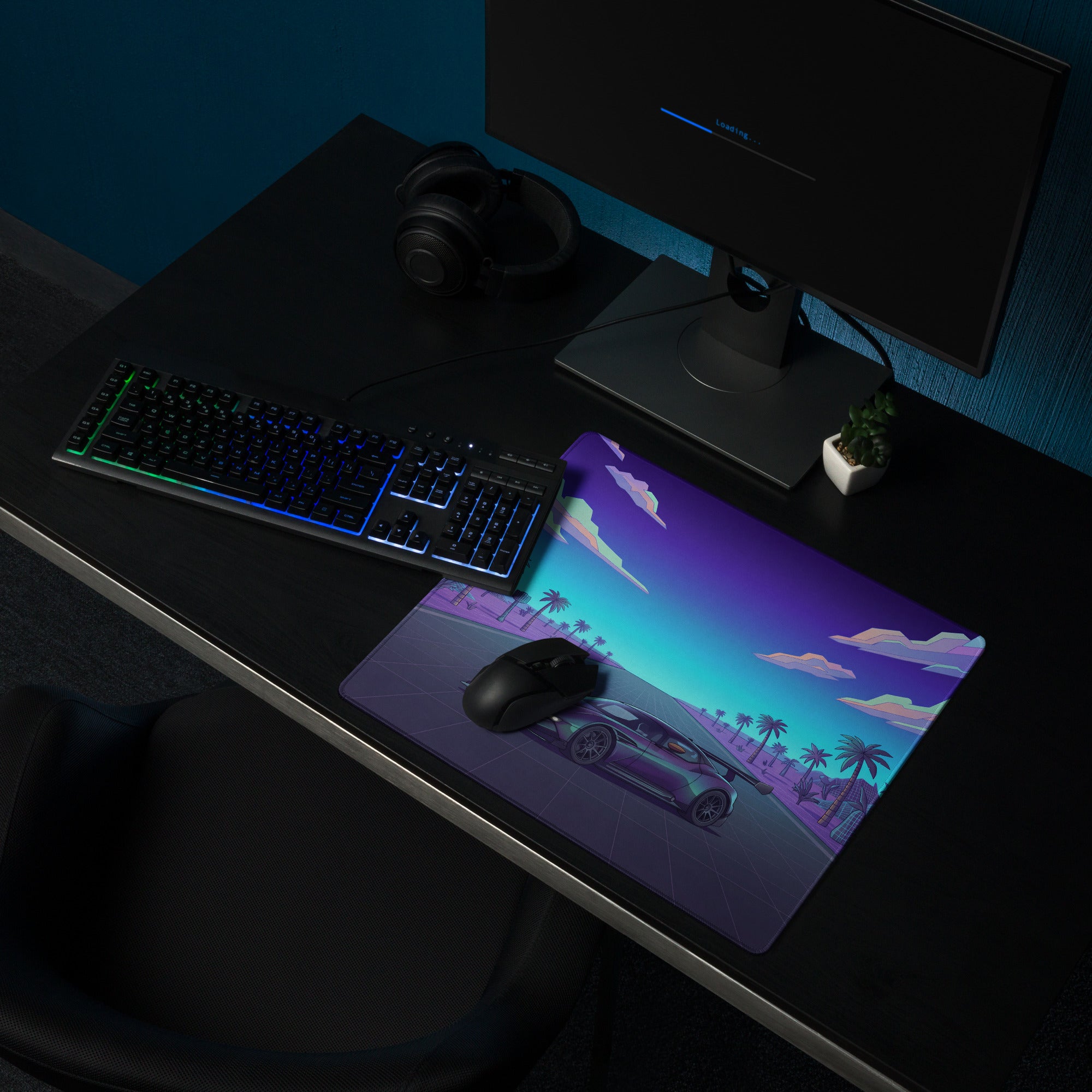 Aston Martin Vulcan Inspired Purple Cyan Vaporwave Gaming Mouse Pad – Neon Desert Highway Desk Mat, Retro Futuristic Hypercar Digital Artwork