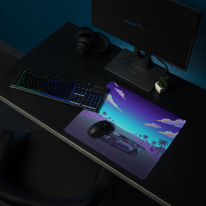 Aston Martin Vulcan Inspired Purple Cyan Vaporwave Gaming Mouse Pad – Neon Desert Highway Desk Mat, Retro Futuristic Hypercar Digital Artwork