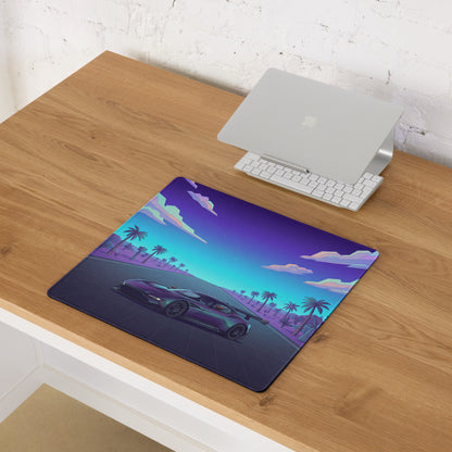 Aston Martin Vulcan Inspired Purple Cyan Vaporwave Gaming Mouse Pad – Neon Desert Highway Desk Mat, Retro Futuristic Hypercar Digital Artwork